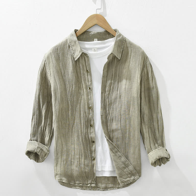 Buddha Stones Koszule męskie z długim rękawem, wiosenne, casualowe, z lnianego materiału, zapinane na guziki - Ciemny Khaki - US/UK/AU42， EU52 (3XL) - image 19
