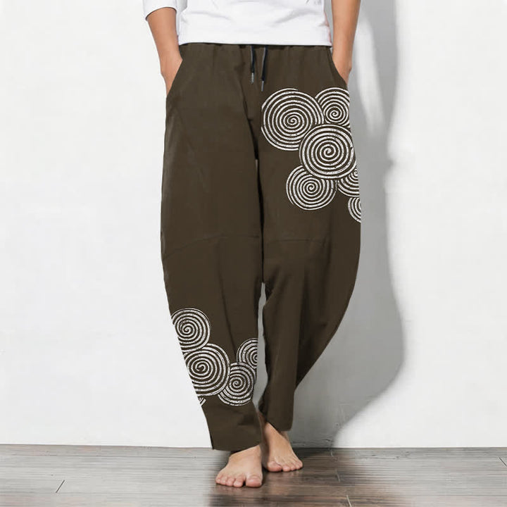 Buddha Stones Spodnie męskie zwężane z czystej bawełny ze spiralnym wzorem koncentrycznym i ściągaczem oraz kieszeniami - SaddleBrown - US/UK/AU50, EU60 (5XL) - image 7