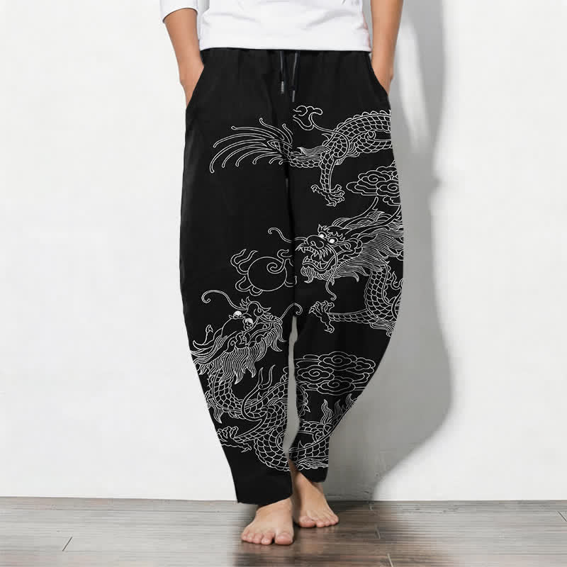 Buddha Stones Spodnie męskie zwężane z czystej bawełny ze wzorem Imperial Dragon i ściągaczem, z kieszeniami - Czarny - US/UK/AU50, EU60 (5XL) - image 0