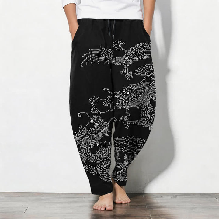 Buddha Stones Spodnie męskie zwężane z czystej bawełny ze wzorem Imperial Dragon i ściągaczem, z kieszeniami - Czarny - US/UK/AU50, EU60 (5XL) - image 0