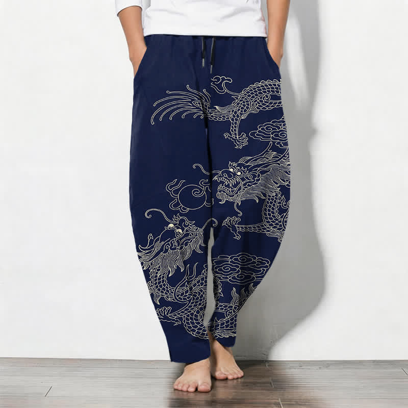 Buddha Stones Spodnie męskie zwężane z czystej bawełny ze wzorem Imperial Dragon i ściągaczem, z kieszeniami - Marynarka wojenna - US/UK/AU50, EU60 (5XL) - image 7