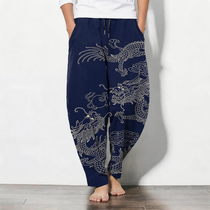 Buddha Stones Spodnie męskie zwężane z czystej bawełny ze wzorem Imperial Dragon i ściągaczem, z kieszeniami - Marynarka wojenna - US/UK/AU50, EU60 (5XL) - image 7