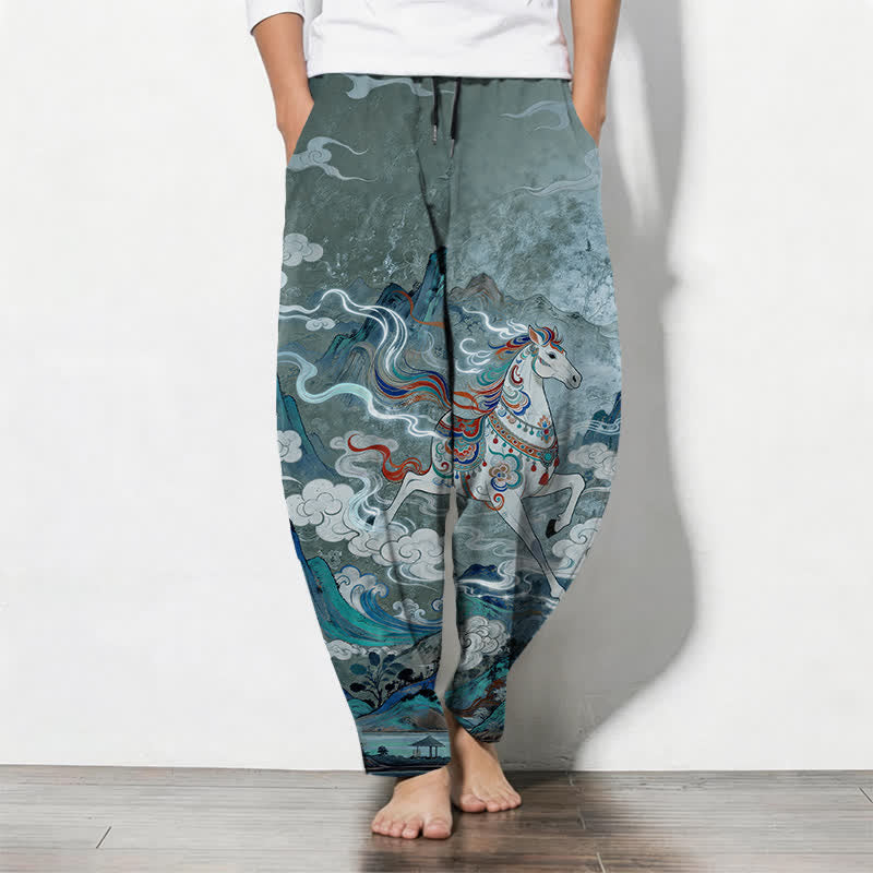Buddha Stones Spodnie męskie zwężane z czystej bawełny z wzorem białego konia i ściągaczem, z kieszeniami - CadetBlue - US/UK/AU50, EU60 (5XL) - image 7