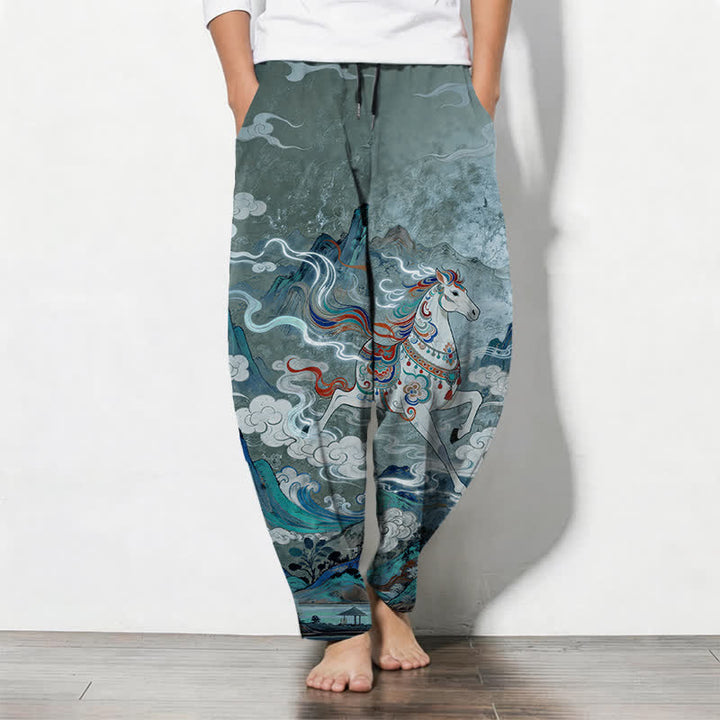 Buddha Stones Spodnie męskie zwężane z czystej bawełny z wzorem białego konia i ściągaczem, z kieszeniami - CadetBlue - US/UK/AU50, EU60 (5XL) - image 7