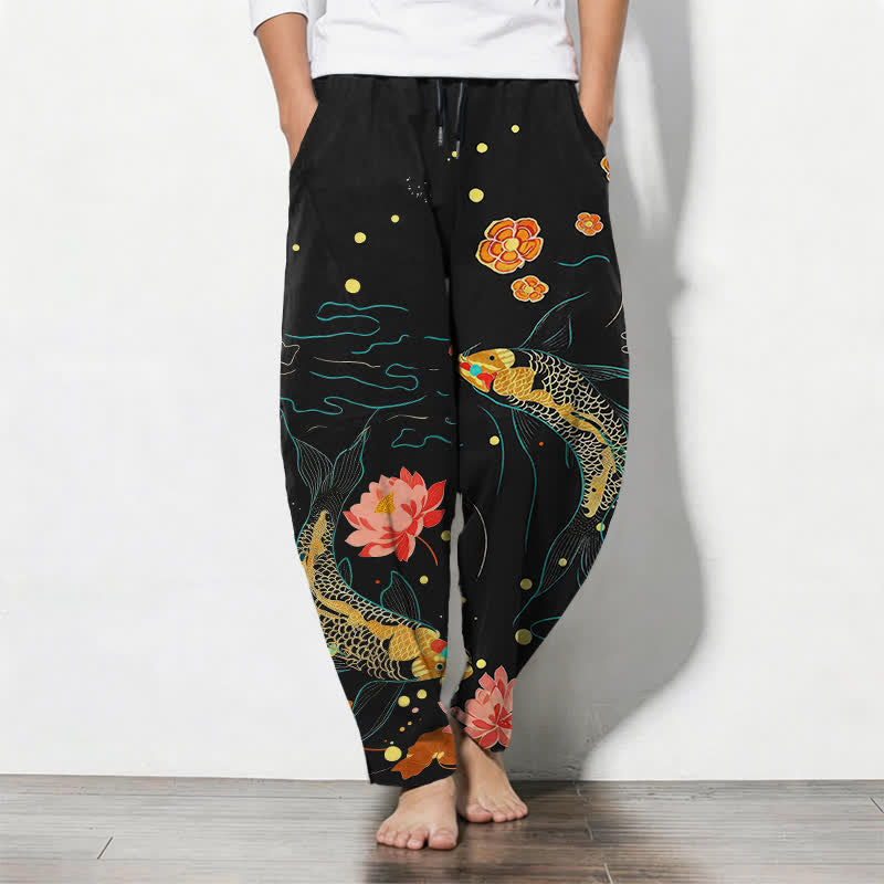 Buddha Stones Spodnie męskie zwężane z czystej bawełny ze wzorem Golden Koi Lotus Wave, ze ściągaczem i kieszeniami - Czarny - US/UK/AU50, EU60 (5XL) - image 0