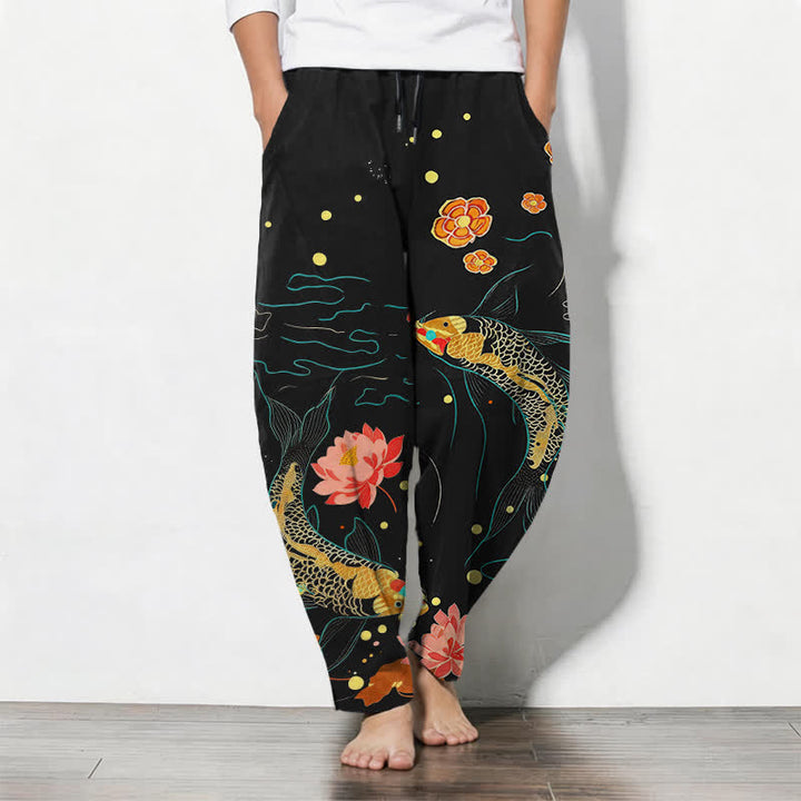 Buddha Stones Spodnie męskie zwężane z czystej bawełny ze wzorem Golden Koi Lotus Wave, ze ściągaczem i kieszeniami - Czarny - US/UK/AU50, EU60 (5XL) - image 0