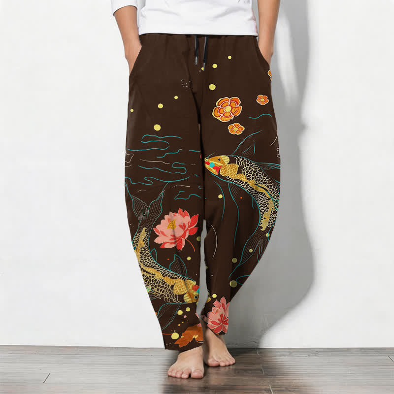 Buddha Stones Spodnie męskie zwężane z czystej bawełny ze wzorem Golden Koi Lotus Wave, ze ściągaczem i kieszeniami - SaddleBrown - US/UK/AU50, EU60 (5XL) - image 11