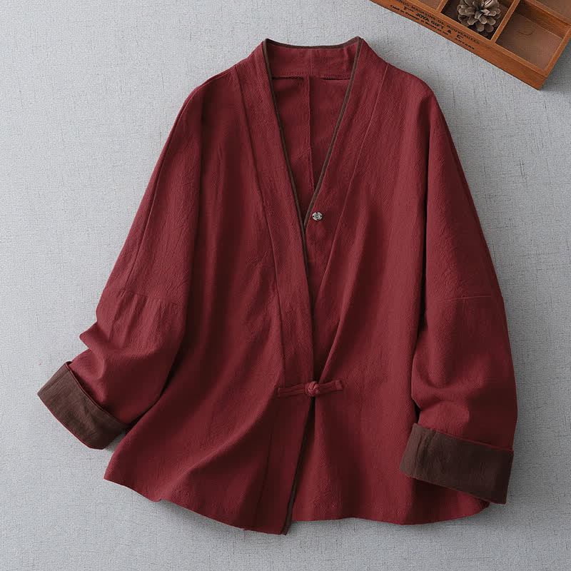 Buddha Stones Kimono damskie w stylu vintage, wiosenno-jesiennym, z węzłem i guzikami, z dekoltem w serek - Cegła ogniotrwała - US8-10, UK/AU12-14, EU40-42 (2XL) - image 0