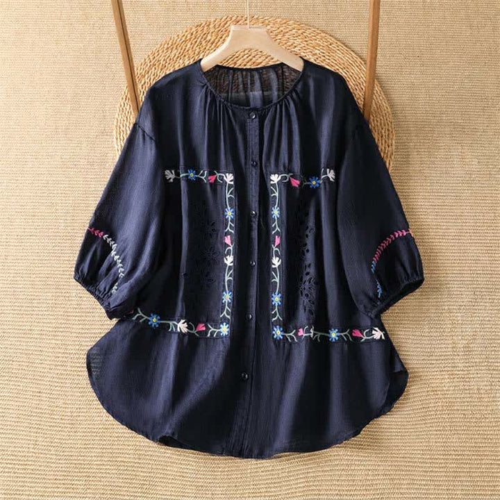 Buddha Stones Koszule damskie z krótkim rękawem w stylu boho, wiosna-lato, haftowane, kwiatowe - MidnightBlue - US12, UK/AU16, EU44 (2XL) - image 7