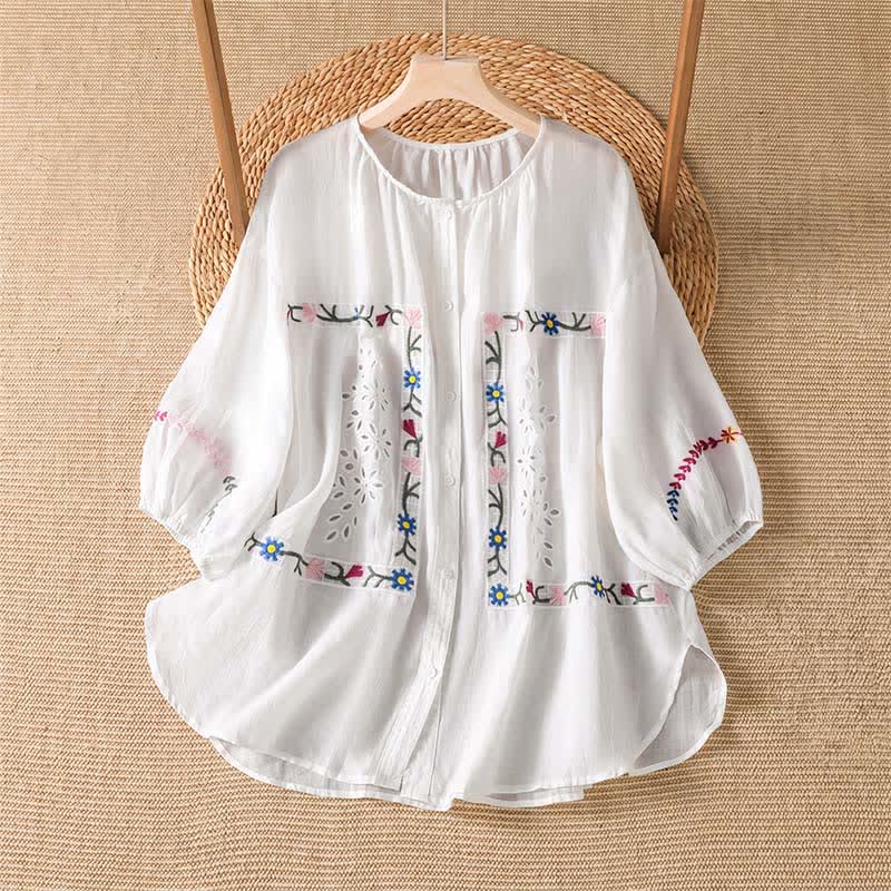 Buddha Stones Koszule damskie z krótkim rękawem w stylu boho, wiosna-lato, haftowane, kwiatowe - Biały - US12, UK/AU16, EU44 (2XL) - image 0