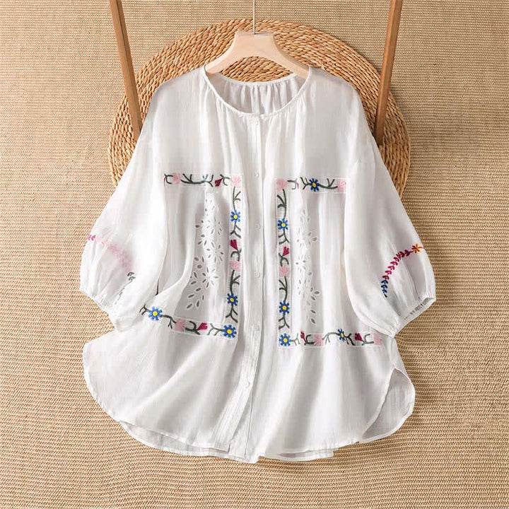 Buddha Stones Koszule damskie z krótkim rękawem w stylu boho, wiosna-lato, haftowane, kwiatowe - Biały - US12, UK/AU16, EU44 (2XL) - image 0