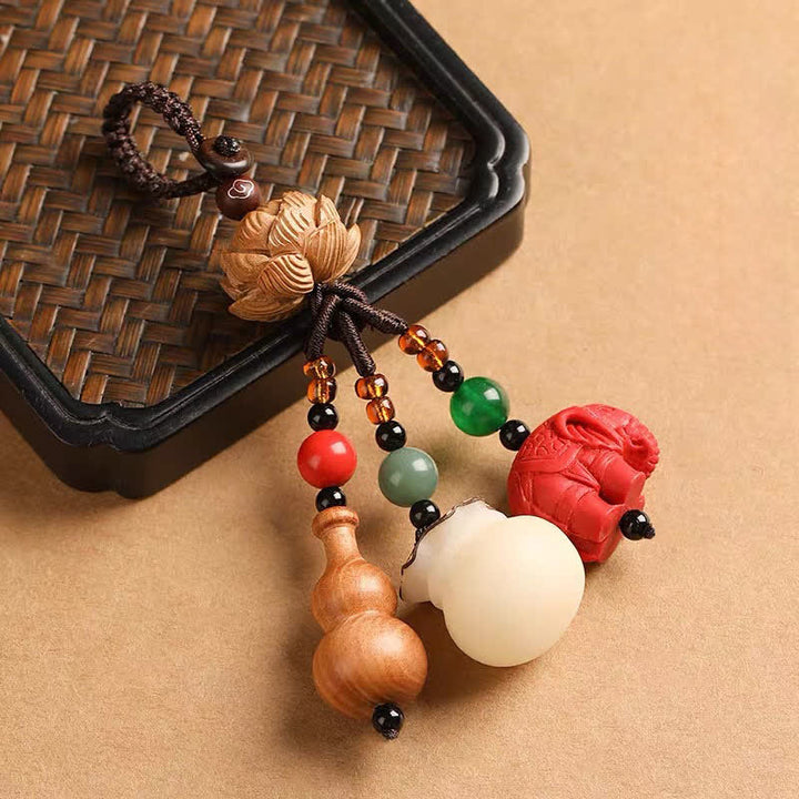 Buddha Stones Breloczki do kluczy z motywem brzoskwiniowego drewna Fu, sakiewki na pieniądze, szczęśliwy cynobrowy słoń, lotos, tykwa - Cynober (Ochrona ♥ Witalność) - image 12
