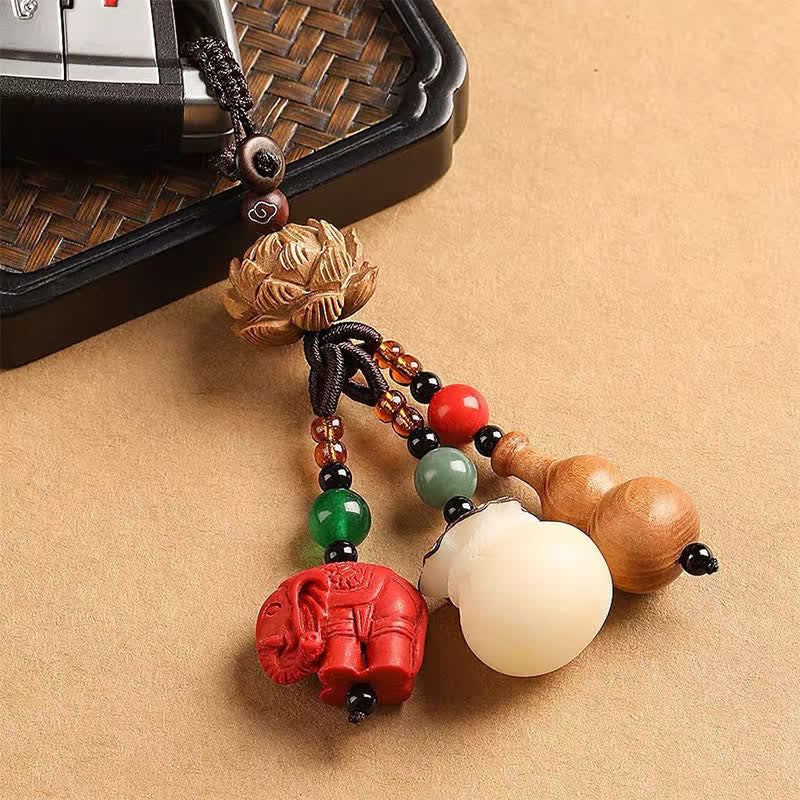 Buddha Stones Breloczki do kluczy z motywem brzoskwiniowego drewna Fu, sakiewki na pieniądze, szczęśliwy cynobrowy słoń, lotos, tykwa - image 15