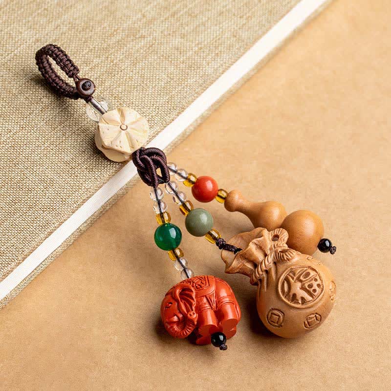 Buddha Stones Breloczki do kluczy z motywem brzoskwiniowego drewna Fu, sakiewki na pieniądze, szczęśliwy cynobrowy słoń, lotos, tykwa - Drewno brzoskwiniowe (ochrona ♥ oczyszczanie) - image 0