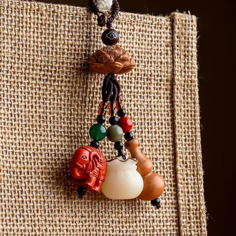 Buddha Stones Breloczki do kluczy z motywem brzoskwiniowego drewna Fu, sakiewki na pieniądze, szczęśliwy cynobrowy słoń, lotos, tykwa - image 18