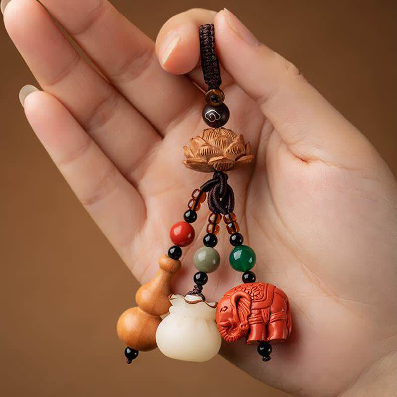Buddha Stones Breloczki do kluczy z motywem brzoskwiniowego drewna Fu, sakiewki na pieniądze, szczęśliwy cynobrowy słoń, lotos, tykwa - image 14