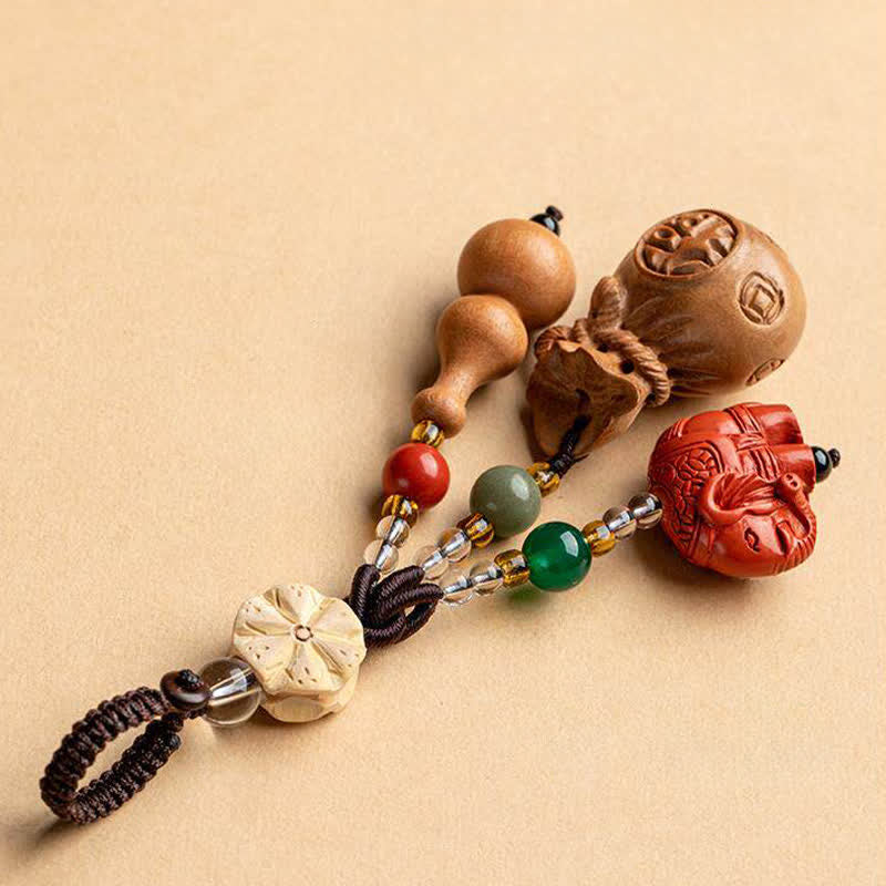 Buddha Stones Breloczki do kluczy z motywem brzoskwiniowego drewna Fu, sakiewki na pieniądze, szczęśliwy cynobrowy słoń, lotos, tykwa - image 3