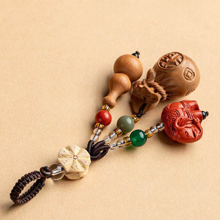 Buddha Stones Breloczki do kluczy z motywem brzoskwiniowego drewna Fu, sakiewki na pieniądze, szczęśliwy cynobrowy słoń, lotos, tykwa - image 3