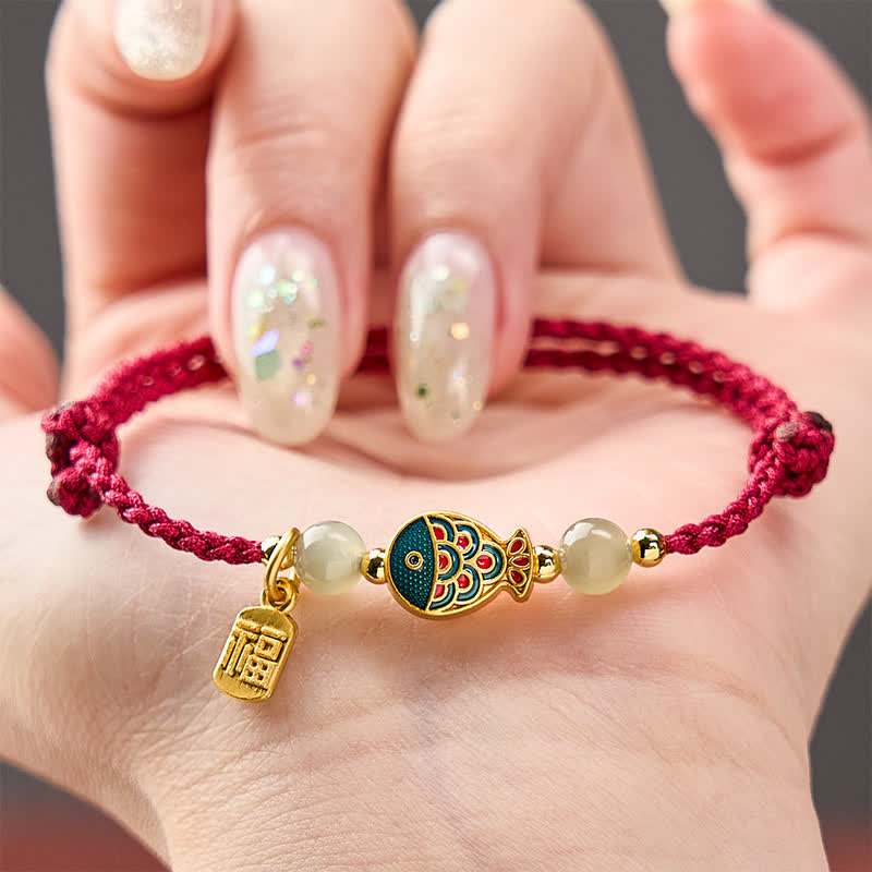 Buddha Stones Bransoletka z jadeitu z koralikami i liną ochronną w kształcie ryby Koi Fu - image 3
