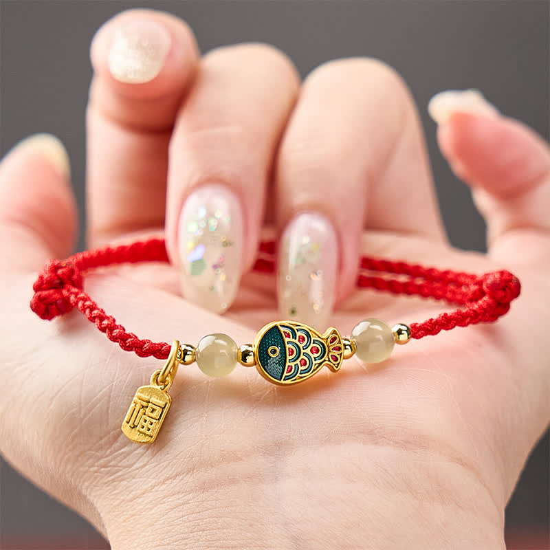 Buddha Stones Bransoletka z jadeitu z koralikami i liną ochronną w kształcie ryby Koi Fu - image 15