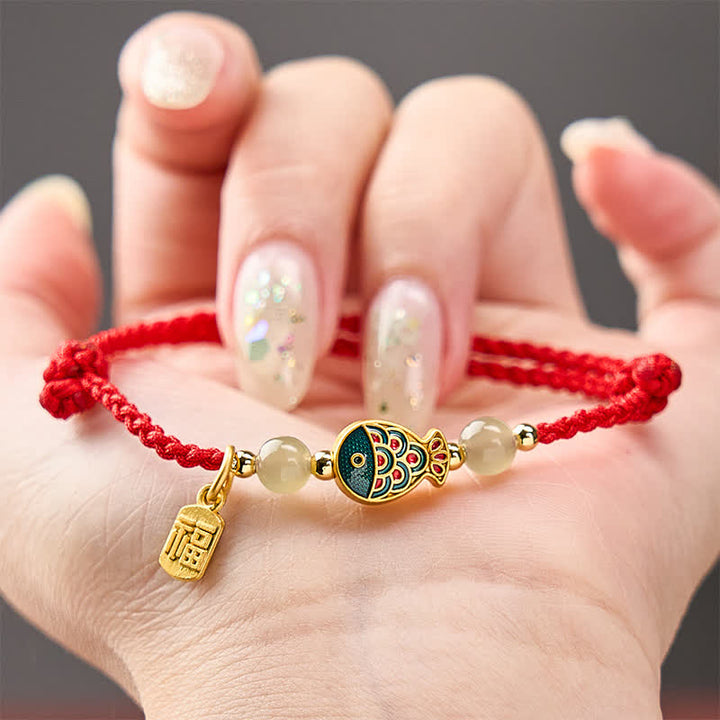 Buddha Stones Bransoletka z jadeitu z koralikami i liną ochronną w kształcie ryby Koi Fu - image 15