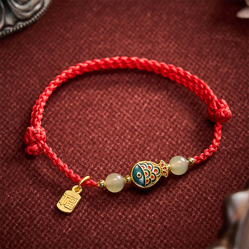 Buddha Stones Bransoletka z jadeitu z koralikami i liną ochronną w kształcie ryby Koi Fu - image 13