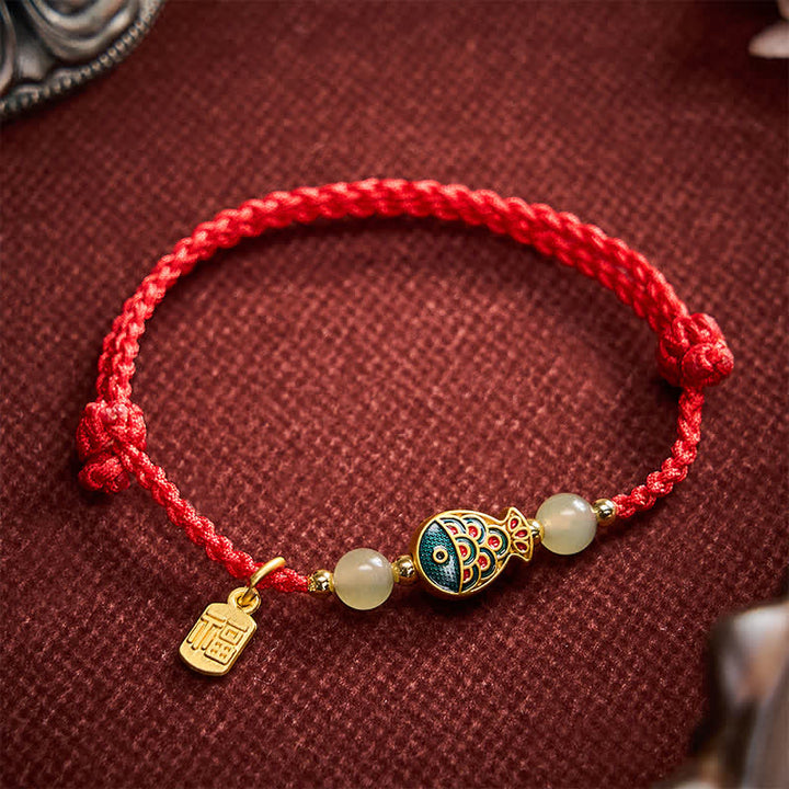 Buddha Stones Bransoletka z jadeitu z koralikami i liną ochronną w kształcie ryby Koi Fu - image 13