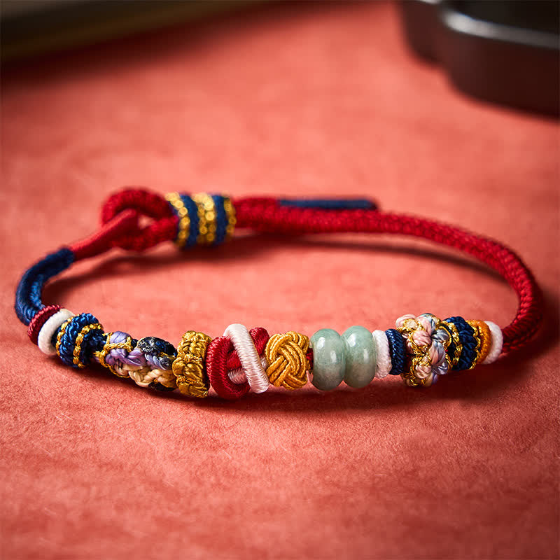 Buddha Stones Bransoletka z czerwonego sznurka w kolorze granatowym z koralikami z jadeitu „Kwiat brzoskwini” tkana ręcznie - Czerwony granatowy (obwód nadgarstka: 5,9-7,1 cala / 15-18 cm) - image 0
