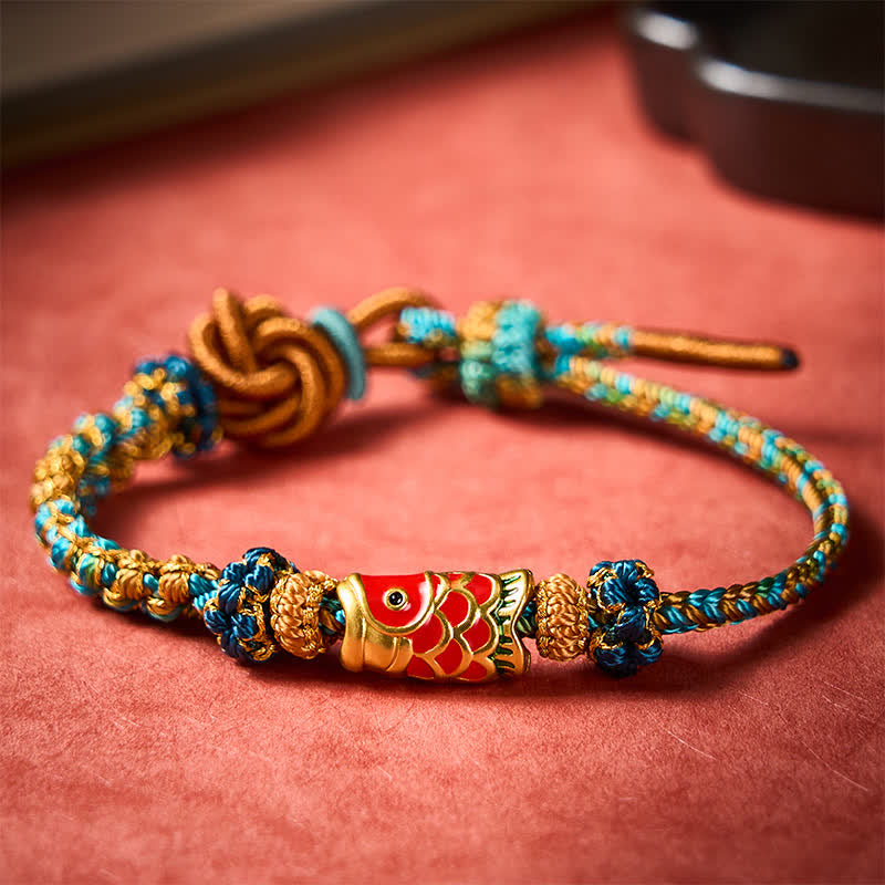 Buddha Stones Bransoletka z ręcznie tkanej zielono-niebiesko-żółtej liny z mandalą w kształcie kwiatu brzoskwini, z węzłem szczęścia i rybką koi - Zielony (obwód nadgarstka: 5,9–8,3 cala / 15–21 cm) - image 0