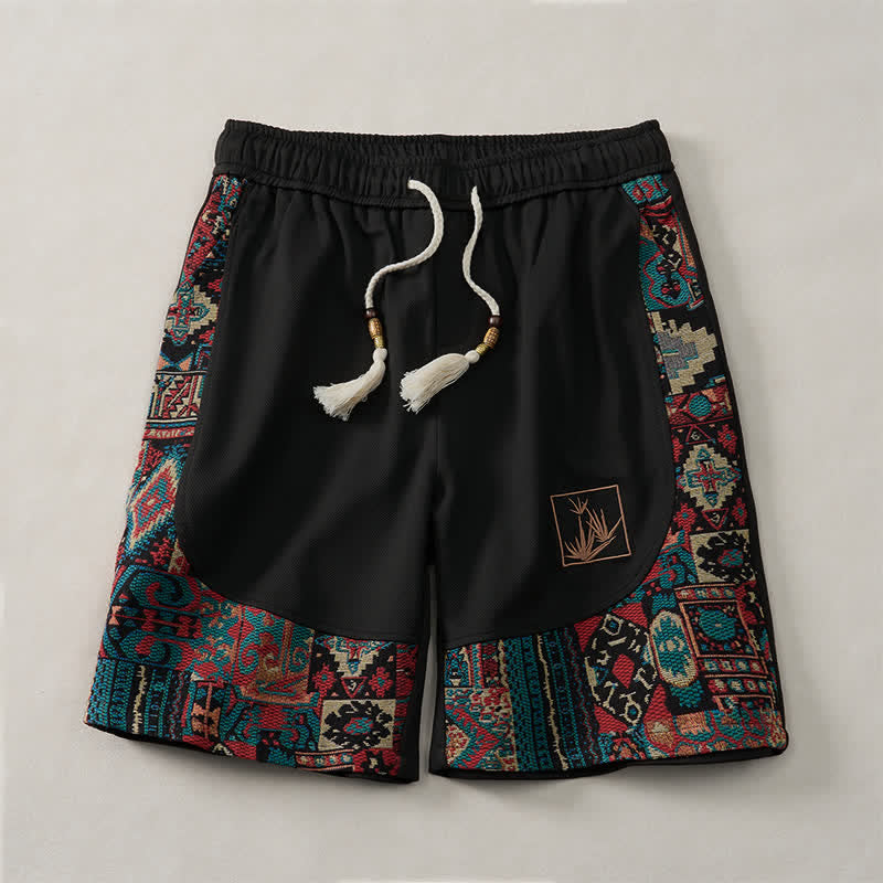 Buddha Stones Letnie męskie spodenki w stylu boho ze ściągaczem i elastyczną talią, geometrycznym wykończeniem i kieszeniami - Czarny - US/UK/AU46, EU56 (5XL) - image 8