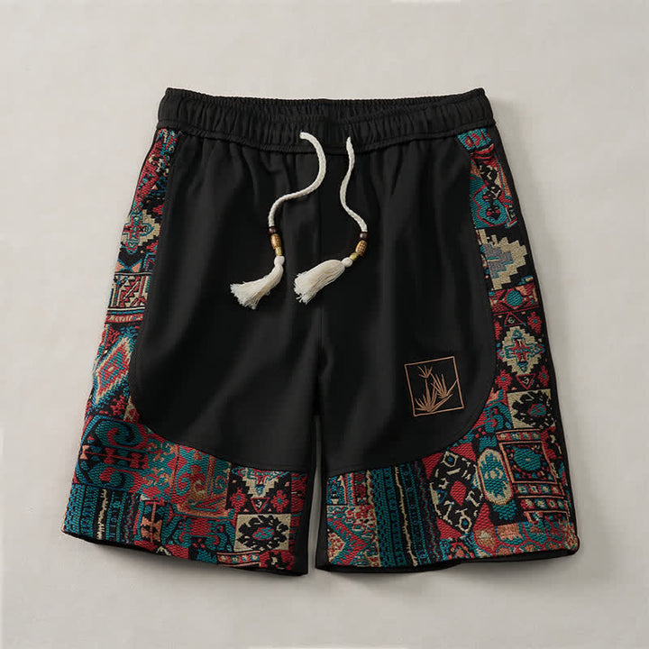 Buddha Stones Letnie męskie spodenki w stylu boho ze ściągaczem i elastyczną talią, geometrycznym wykończeniem i kieszeniami - Czarny - US/UK/AU46, EU56 (5XL) - image 8