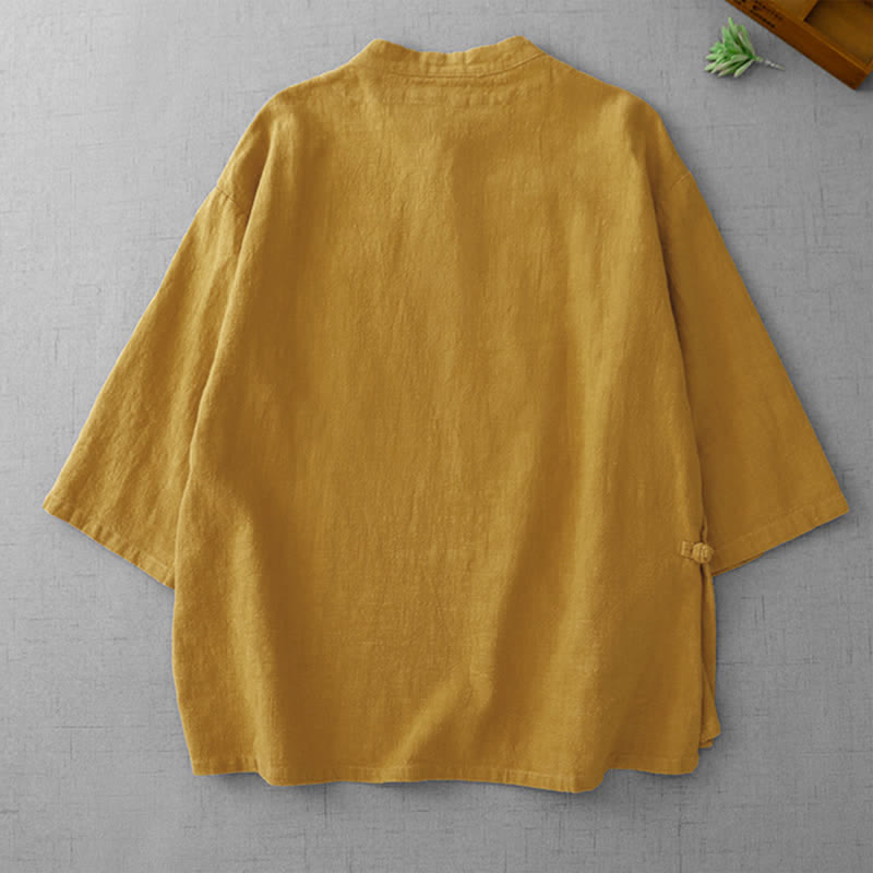 Buddha Stones Letnie koszule damskie w stylu Tang w stylu vintage z kołnierzykiem mandaryńskim i guzikami typu żaba, z rękawami do łokcia - image 1