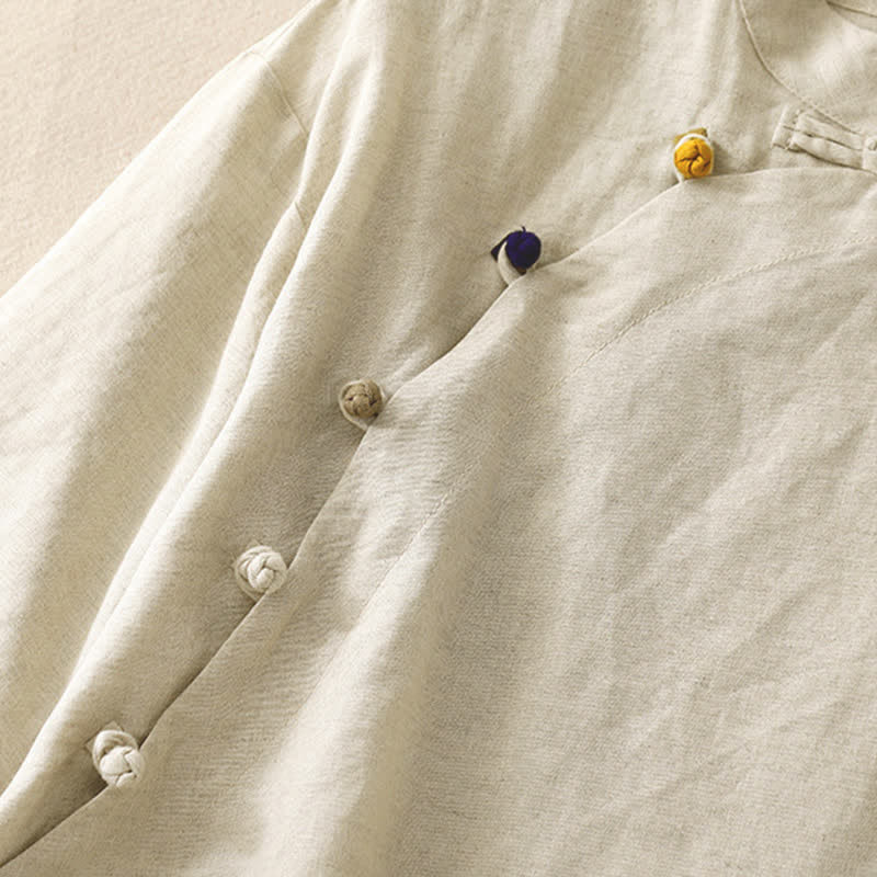 Buddha Stones Letnie koszule damskie z krótkim rękawem i minimalistycznym kołnierzykiem typu stójka w jednolitym kolorze - image 3