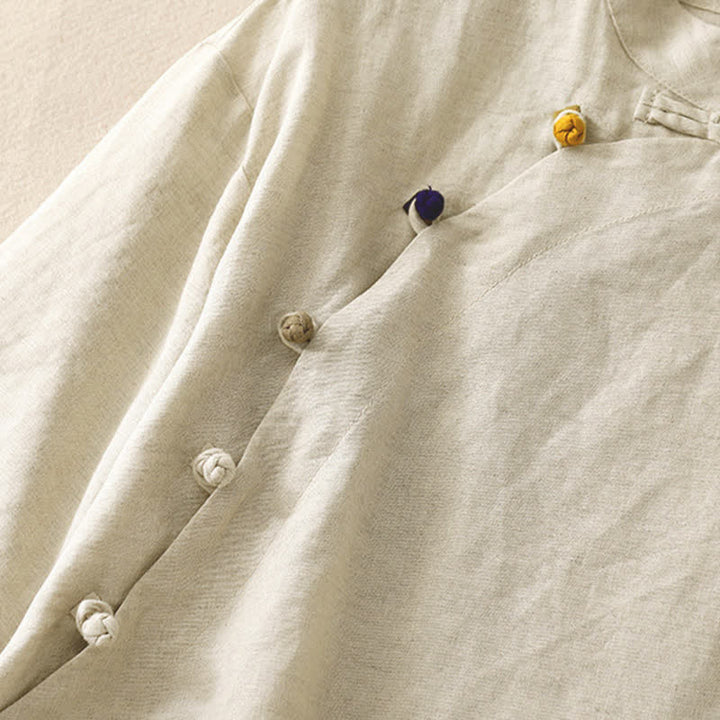 Buddha Stones Letnie koszule damskie z krótkim rękawem i minimalistycznym kołnierzykiem typu stójka w jednolitym kolorze - image 3