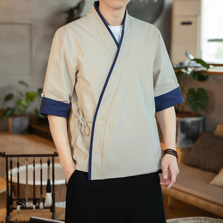Buddha Stones Letnie kimono męskie w minimalistycznym stylu Tang, ze ściągaczem i dekoltem w serek, z rękawami 3/4 - Beżowy - US/UK/AU46, EU56 (5XL) - image 12