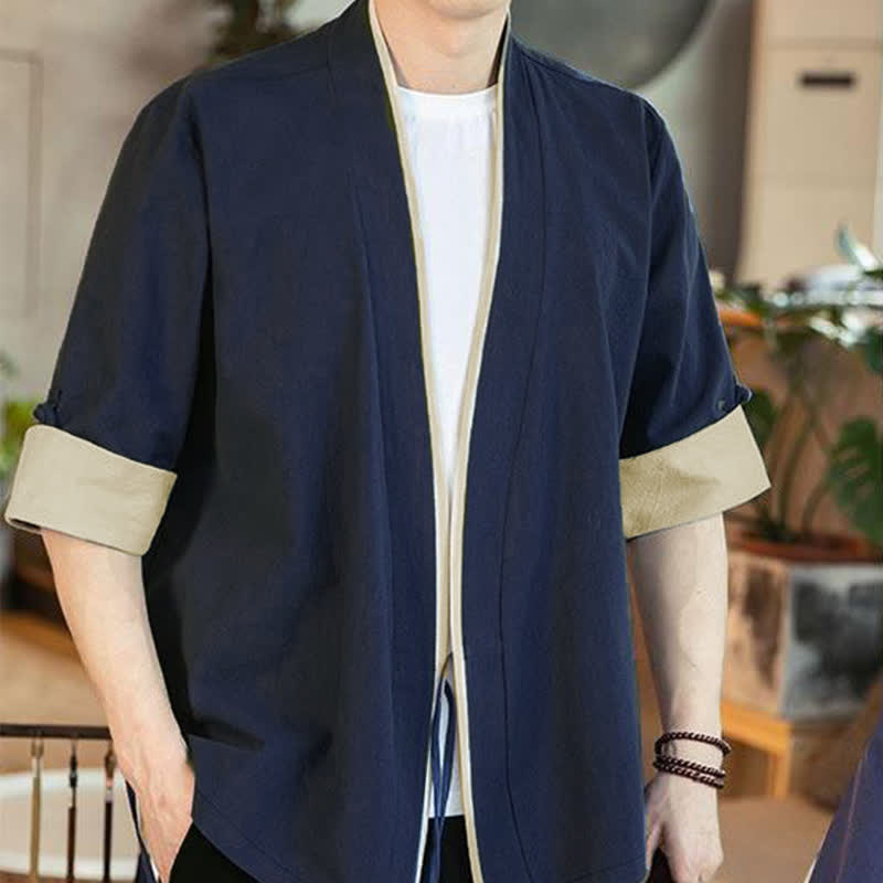 Buddha Stones Letnie kimono męskie w minimalistycznym stylu Tang, ze ściągaczem i dekoltem w serek, z rękawami 3/4 - image 3