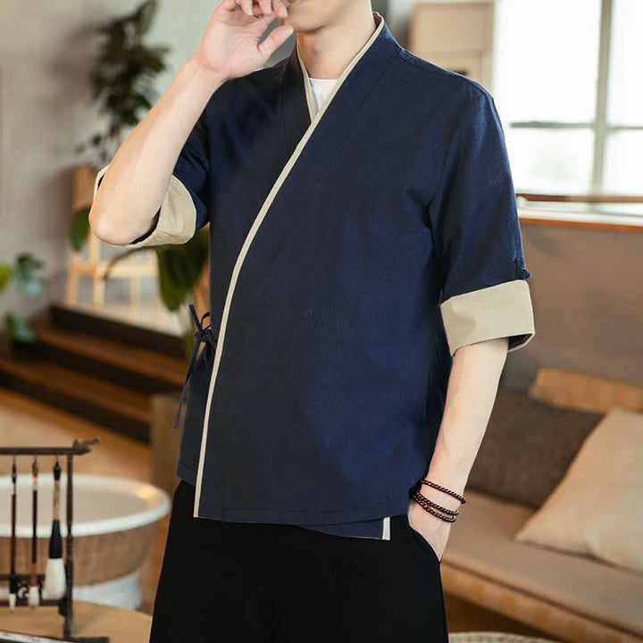 Buddha Stones Letnie kimono męskie w minimalistycznym stylu Tang, ze ściągaczem i dekoltem w serek, z rękawami 3/4 - Marynarka wojenna - US/UK/AU46, EU56 (5XL) - image 0