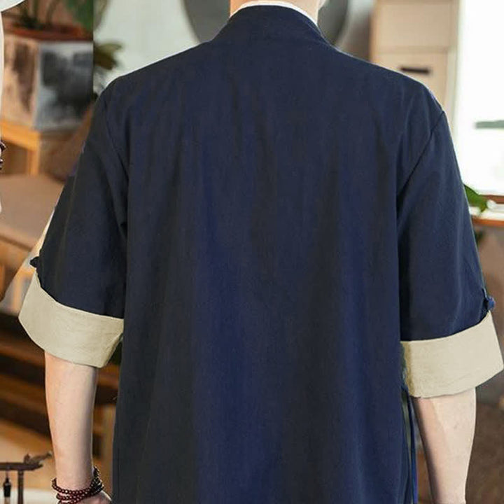 Buddha Stones Letnie kimono męskie w minimalistycznym stylu Tang, ze ściągaczem i dekoltem w serek, z rękawami 3/4 - image 6