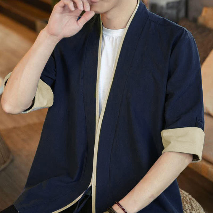 Buddha Stones Letnie kimono męskie w minimalistycznym stylu Tang, ze ściągaczem i dekoltem w serek, z rękawami 3/4 - image 4