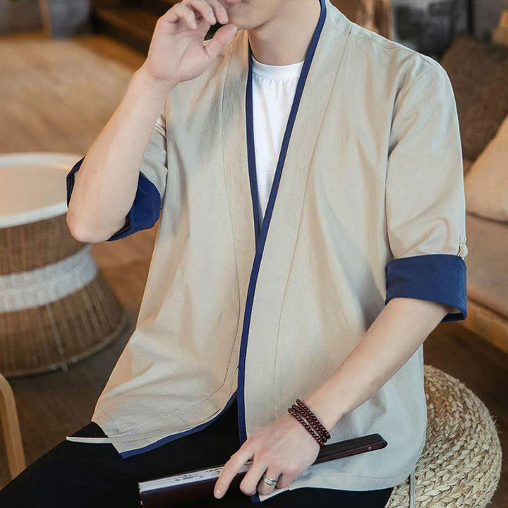 Buddha Stones Letnie kimono męskie w minimalistycznym stylu Tang, ze ściągaczem i dekoltem w serek, z rękawami 3/4 - image 15