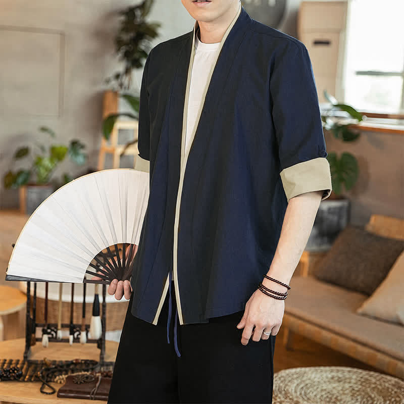 Buddha Stones Letnie kimono męskie w minimalistycznym stylu Tang, ze ściągaczem i dekoltem w serek, z rękawami 3/4 - image 1
