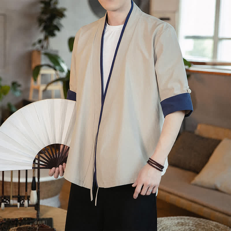 Buddha Stones Letnie kimono męskie w minimalistycznym stylu Tang, ze ściągaczem i dekoltem w serek, z rękawami 3/4 - image 13