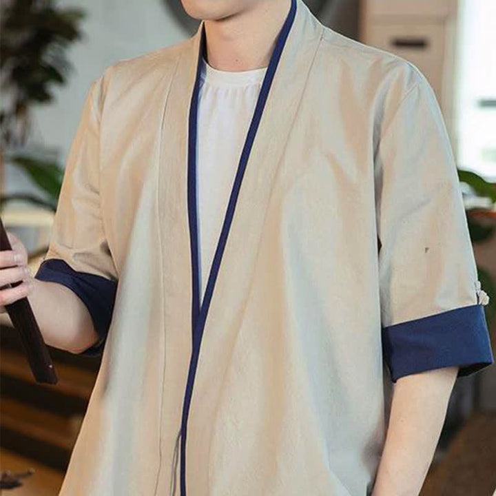 Buddha Stones Letnie kimono męskie w minimalistycznym stylu Tang, ze ściągaczem i dekoltem w serek, z rękawami 3/4 - image 16