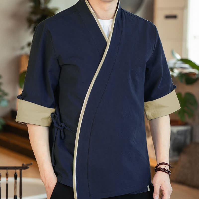 Buddha Stones Letnie kimono męskie w minimalistycznym stylu Tang, ze ściągaczem i dekoltem w serek, z rękawami 3/4 - image 2