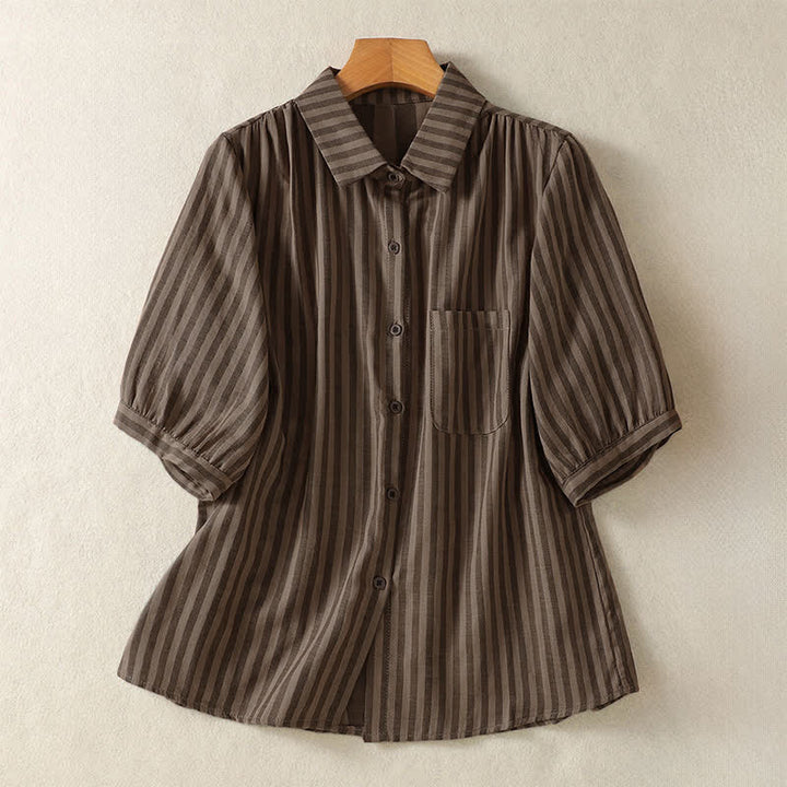 Buddha Stones Letnie, swobodne koszule damskie w paski z krótkim rękawem i kieszenią naszywaną, zapinane na guziki - SaddleBrown - US12, UK/AU16, EU44 (3XL) - image 13
