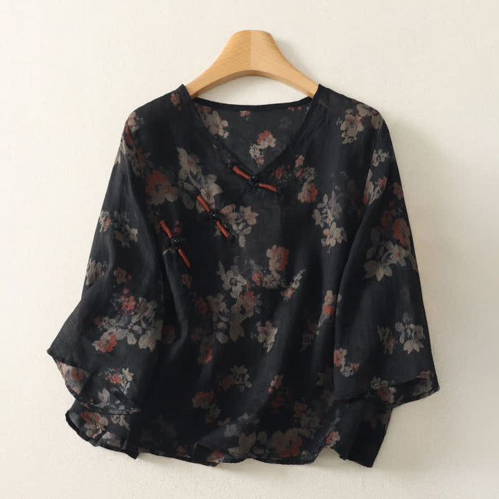 Buddha Stones Letnie koszule damskie w stylu vintage z żabą na guziki, dekoltem w serek i kwiatowym wzorem - Czarny - US12, UK/AU16, EU44 (3XL) - image 0