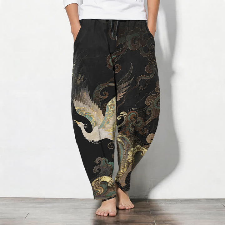 Buddha Stones Spodnie męskie zwężane z czystej bawełny z motywem fal i chmur, ze ściągaczem i kieszeniami - Czarny - US/UK/AU50, EU60 (5XL) - image 0