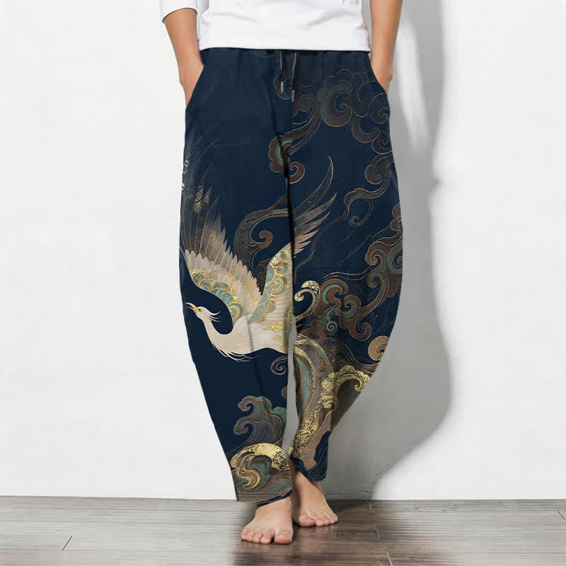 Buddha Stones Spodnie męskie zwężane z czystej bawełny z motywem fal i chmur, ze ściągaczem i kieszeniami - MidnightBlue - US/UK/AU50, EU60 (5XL) - image 7