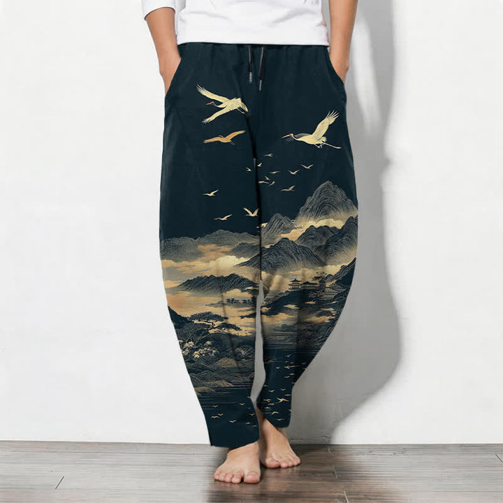 Buddha Stones Spodnie męskie zwężane z czystej bawełny z motywem żurawia górskiego i ściągaczem, z kieszeniami - MidnightBlue - US/UK/AU50, EU60 (5XL) - image 0