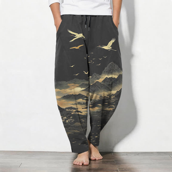 Buddha Stones Spodnie męskie zwężane z czystej bawełny z motywem żurawia górskiego i ściągaczem, z kieszeniami - DimGray - US/UK/AU50, EU60 (5XL) - image 7